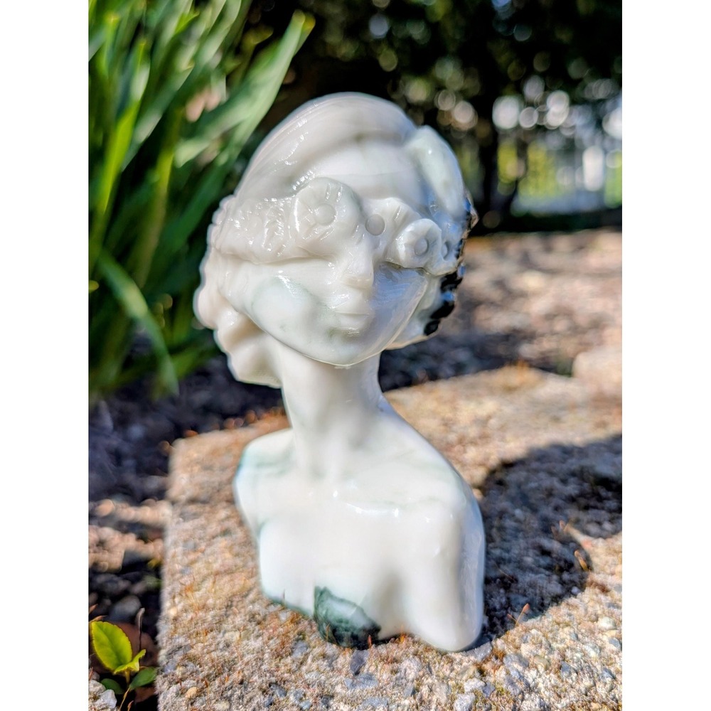 Jade Blindfolded Woman Bust Carving, 5.5in Floral Feminine Statue Decor